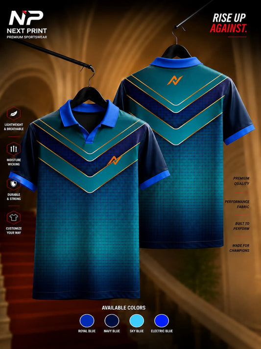 Next Print Blue Fusion Chevron Polo Collar Sports Jersey featuring a blue gradient design with layered chevron graphics, blue collar, and front and back views.