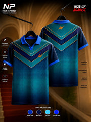 Next Print Blue Fusion Chevron Polo Collar Sports Jersey featuring a blue gradient design with layered chevron graphics, blue collar, and front and back views.
