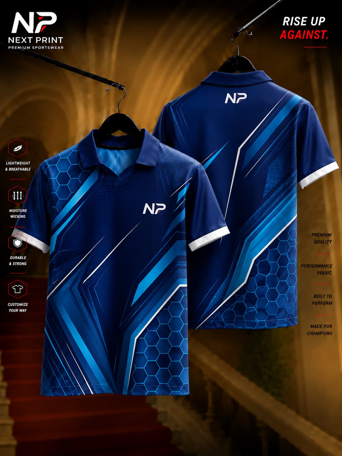 Blue geometric hexagon performance polo cricket jersey with modern angular graphics, front and back view by Next Print.