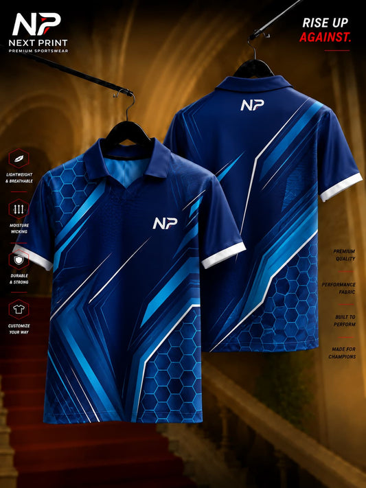 Blue geometric hexagon performance polo cricket jersey with modern angular graphics, front and back view by Next Print.