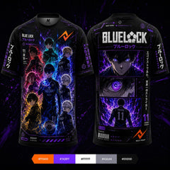 Front and back view of Next Print Blue Lock inspired black anime round neck jersey with cyber purple graphics, Japanese typography, orange logo, and premium sublimation print