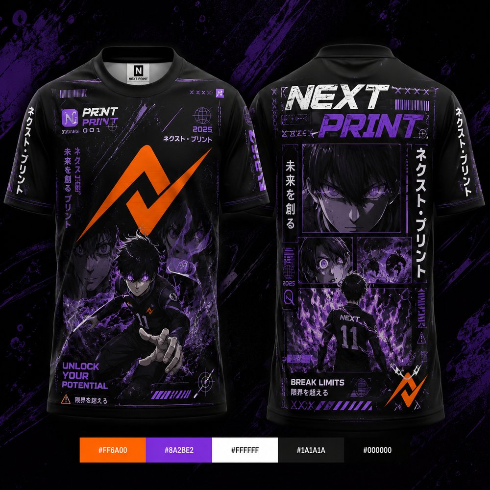Front and back view of Next Print Blue Lock inspired black and purple oversized anime streetwear round neck jersey with cyber graphics, Japanese typography, and orange logo