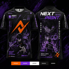 Front and back view of Next Print Blue Lock inspired black and purple oversized anime streetwear round neck jersey with cyber graphics, Japanese typography, and orange logo