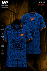 Next Print Blue Maze Performance Polo Jersey front and back premium custom sublimation sports jersey with orange logo.