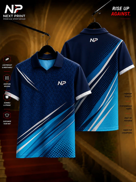 Blue polo cricket jersey featuring a geometric matrix pattern with diagonal speed graphics, shown in front and back views.