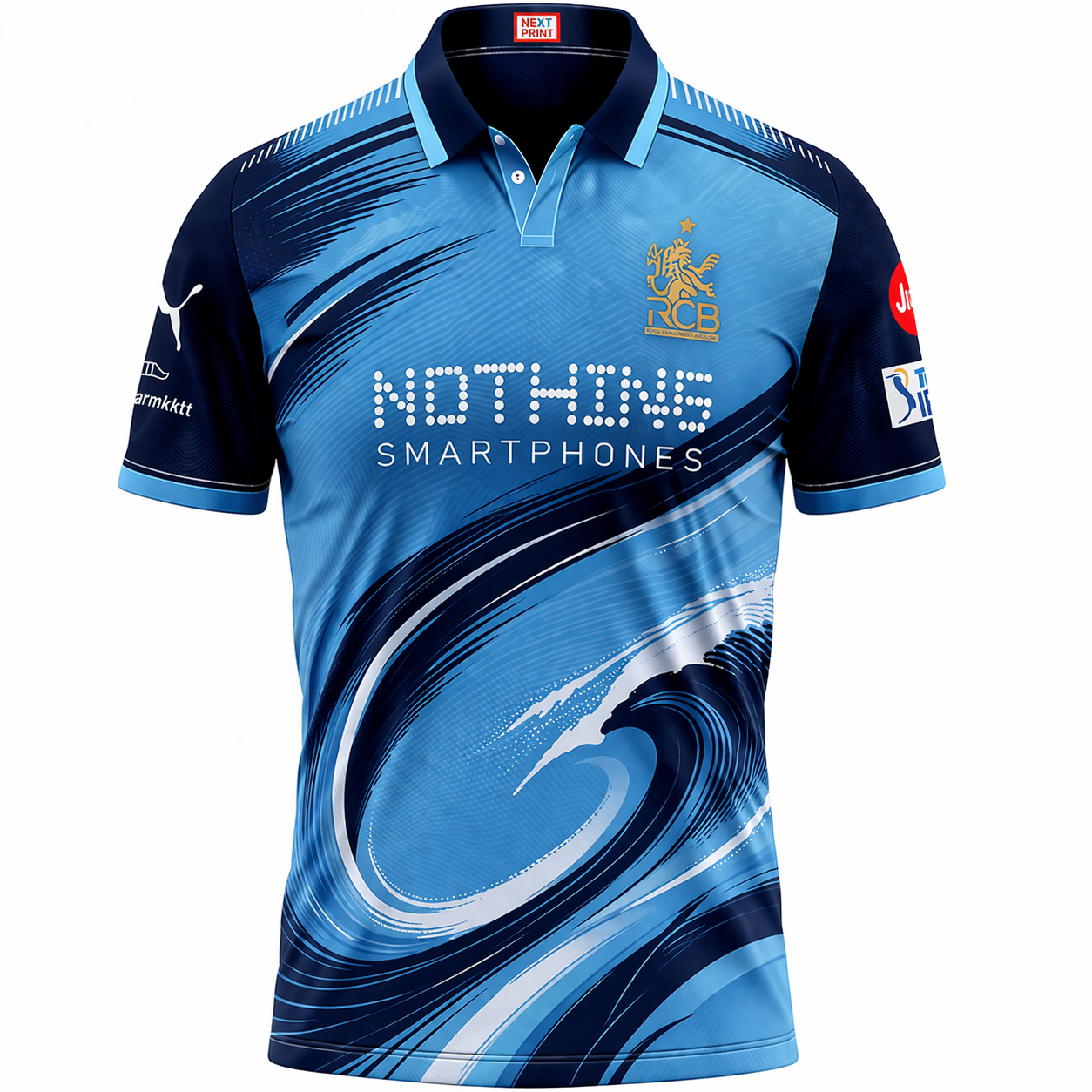 Next Print Blue Wave Cricket Jersey RCB Style – Custom Name & Number Sublimation Sports T-Shirt India