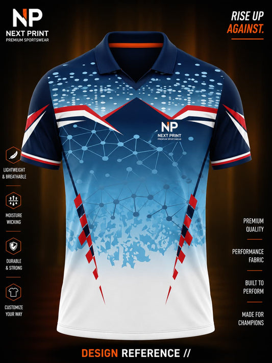 Front view of Next Print blue and white digital fusion polo cricket jersey featuring gradient graphics, geometric network pattern, and premium sublimation sportswear.