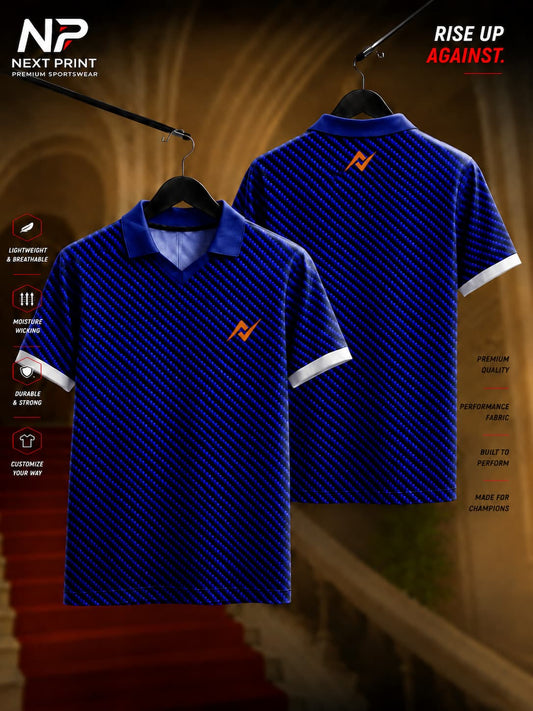 Royal blue polo collar dry-fit sports jersey featuring a carbon fiber diagonal weave pattern with front and back views by Next Print.