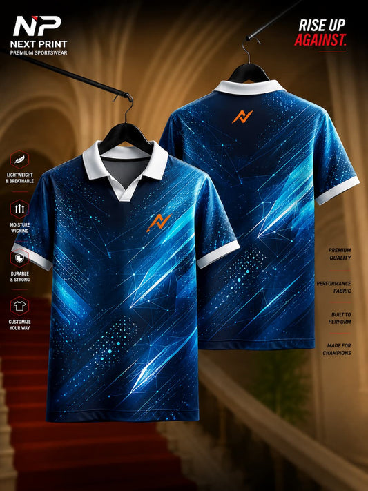 Next Print Cosmic Blue Performance Polo Collar Sports Jersey featuring futuristic blue digital graphics with glowing light streaks and abstract geometric patterns, front and back view.