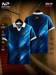 Next Print Cosmic Blue Performance Polo Collar Sports Jersey featuring futuristic blue digital graphics with glowing light streaks and abstract geometric patterns, front and back view.