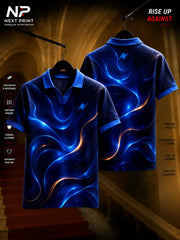 Next Print Cosmic Wave navy blue polo collar V-neck cricket jersey featuring glowing blue and gold abstract wave graphics with front and back views.