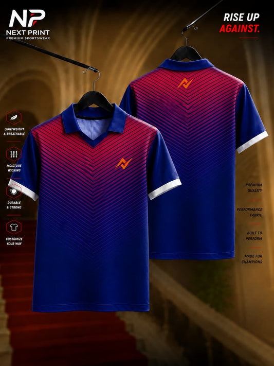 Crimson and navy blue gradient polo collar cricket jersey with chevron stripe design in premium dry-fit fabric, front and back view.