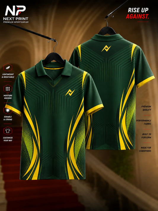 Next Print Crimson Blaze red and white premium polo sports jersey with modern geometric design and dry-fit fabric.