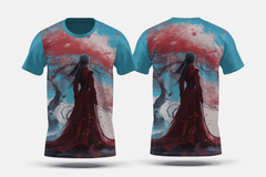 Next Print Crimson blooms under azure heavens Printed t-shirt - Next Print