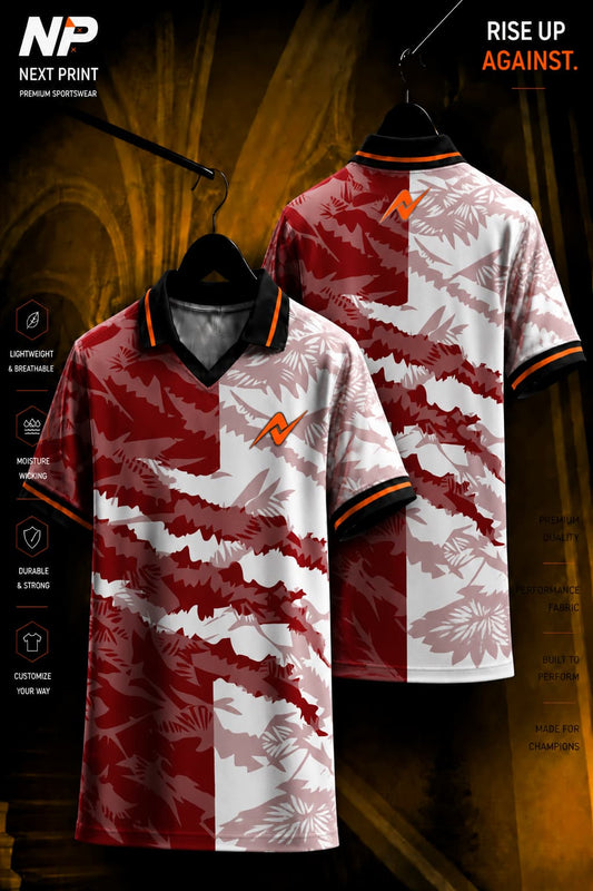 Red and white camouflage pattern polo cricket jersey with black collar and orange accents shown from front and back.