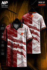 Red and white camouflage pattern polo cricket jersey with black collar and orange accents shown from front and back.