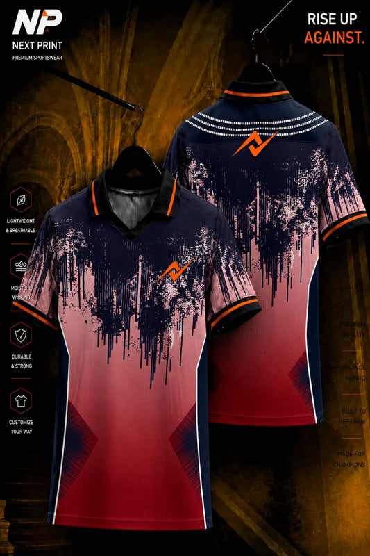 Navy blue, crimson red, and pink polo cricket jersey with abstract paint-drip graphics displayed in front and back views.