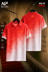 Front and back view of the Next Print crimson red to white gradient V-neck cricket jersey featuring a geometric pattern and premium performance fabric.