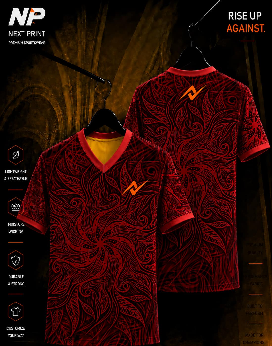 Next Print crimson floral red and black V-neck performance sports jersey front and back view