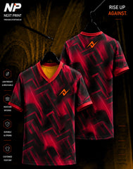 Front and back mockup of the Next Print Crimson Matrix Performance V-Neck sports jersey featuring a modern crimson and black geometric sublimation design.