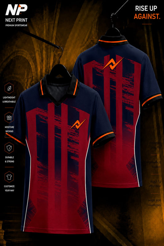 Navy blue and crimson red polo cricket jersey with bold vertical brushstroke graphics displayed in front and back views.