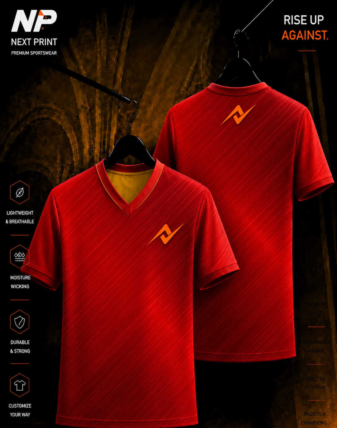 Next Print Crimson Velocity premium red V-neck sublimation sports jersey front and back mockup with brushed texture design