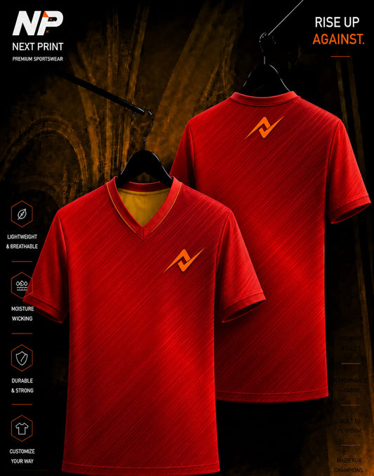 Next Print Crimson Velocity premium red V-neck sublimation sports jersey front and back mockup with brushed texture design