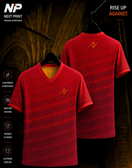 Front and back mockup of Next Print Crimson Wave Performance V-Neck sublimation sports jersey featuring a red wave pattern and premium athletic design.