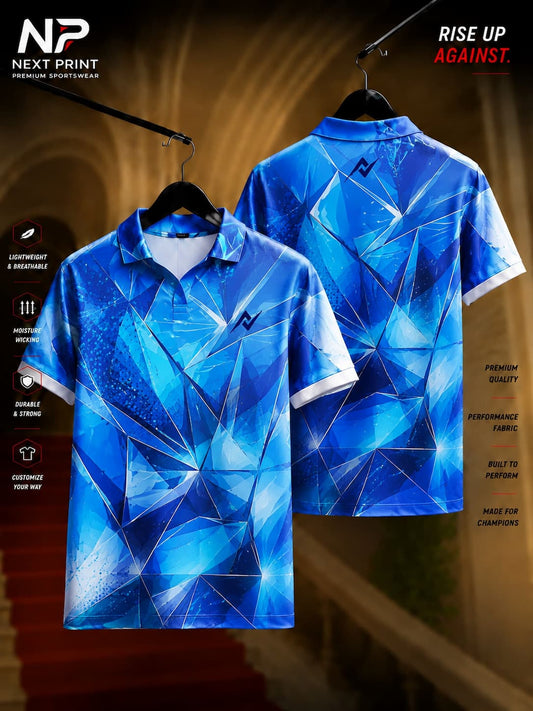 Blue crystal prism geometric polo collar sports jersey with premium dry-fit fabric, front and back view by Next Print.