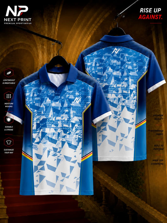 Blue and white crystal shard geometric polo cricket jersey with premium sublimation print, front and back view by Next Print.