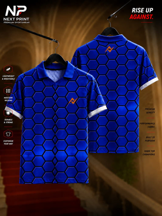 Next Print custom royal blue polo collar sports jersey featuring a modern 3D hexagonal honeycomb pattern with front and back views.