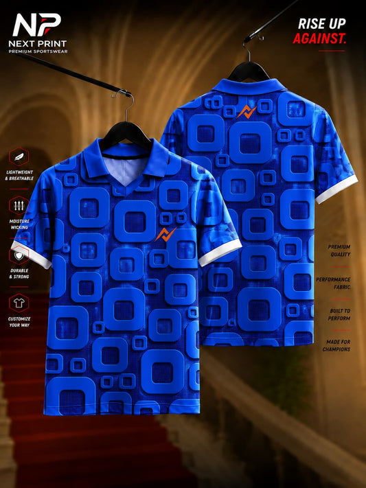 Royal blue custom polo collar sports jersey featuring an all-over retro square geometric pattern with front and back views.