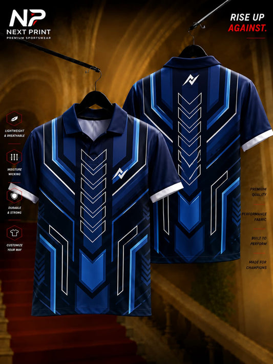 Next Print Cyber Shield Blue Polo Collar Performance Jersey featuring futuristic geometric blue panel graphics with front and back views.