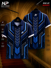 Next Print Cyber Shield Blue Polo Collar Performance Jersey featuring futuristic geometric blue panel graphics with front and back views.