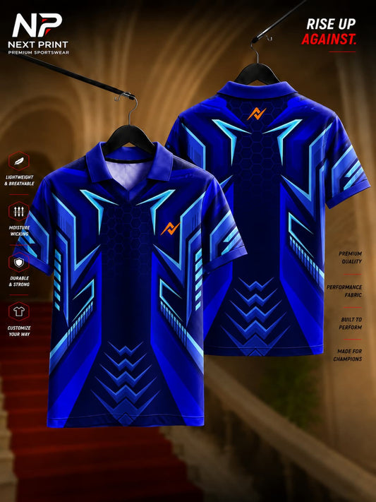 Next Print Cyber Strike Blue Polo Collar V-Neck Dry-Fit Performance Sports Jersey Front and Back View with Futuristic Graphic Design