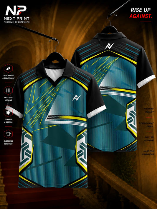Next Print Cyber Vector Polo Collar Performance Jersey featuring black, teal, grey, and neon yellow futuristic geometric graphics shown in front and back views.