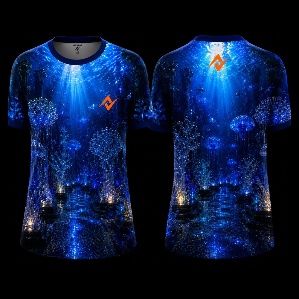 Next Print Deep Ocean Glass Coral 3D sublimation round neck sports jersey featuring underwater coral, ocean ruins, jellyfish, and front and back views on black background.