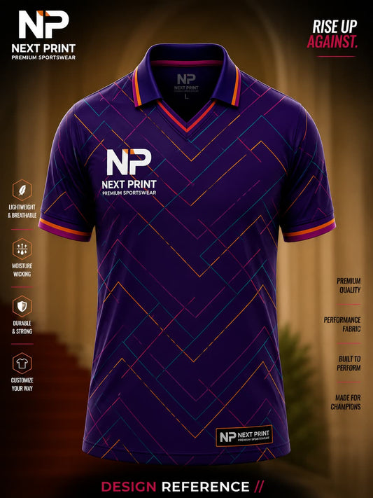 Front view of Next Print deep purple polo cricket jersey featuring minimalist geometric line graphics with premium sublimation sportswear.