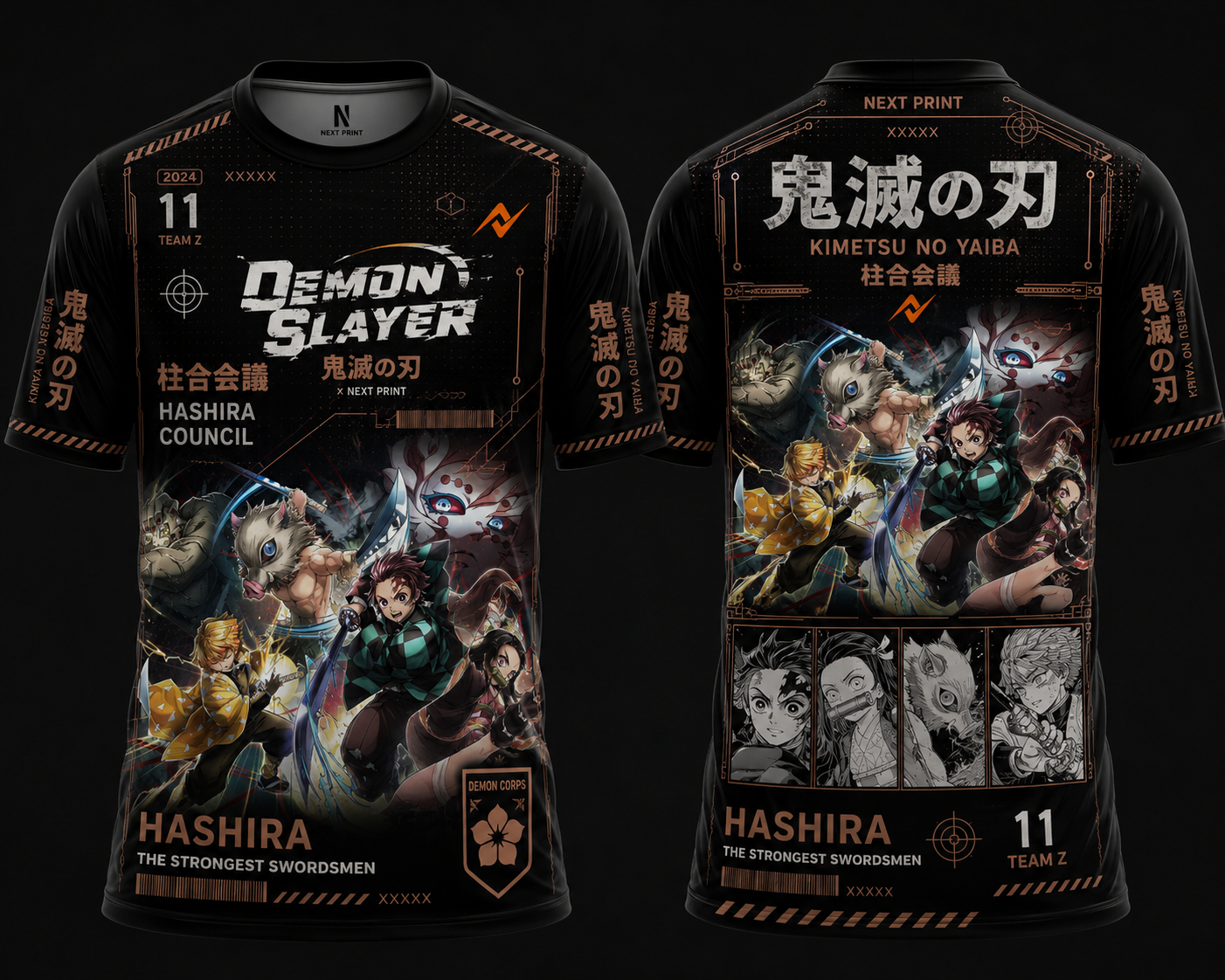 Demon Slayer Hashira anime jersey with black and brown design and orange Next Print logo