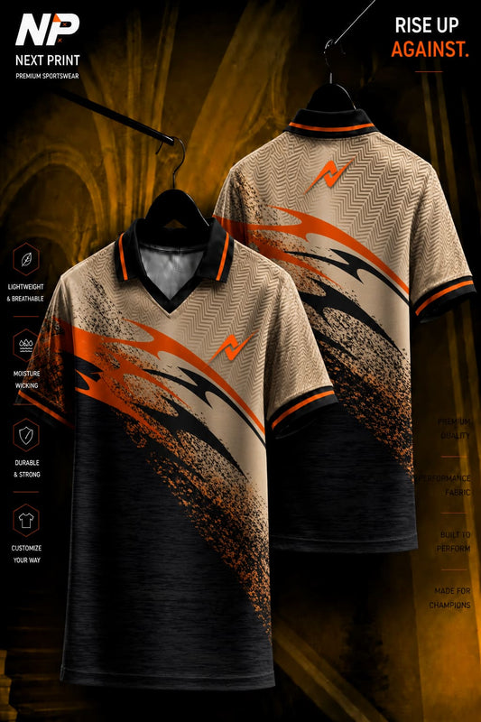 Beige and black polo cricket jersey featuring bold orange brushstroke graphics with textured pattern shown in front and back views.
