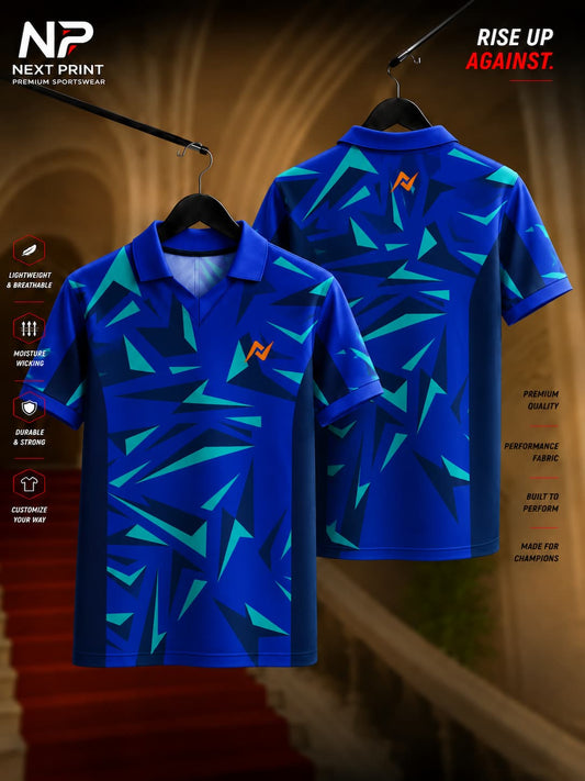 Next Print Electric Shards Blue Polo Collar V-Neck Dry-Fit Sports Jersey featuring abstract geometric shard graphics, front and back view