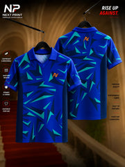 Next Print Electric Shards Blue Polo Collar V-Neck Dry-Fit Sports Jersey featuring abstract geometric shard graphics, front and back view
