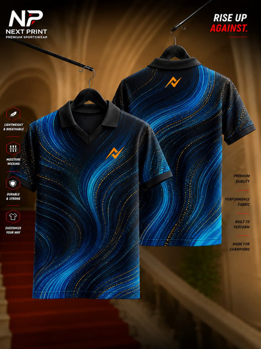 Next Print Electric Wave polo collar V-neck cricket jersey featuring black, electric blue, and gold flowing wave graphics shown in front and back views.
