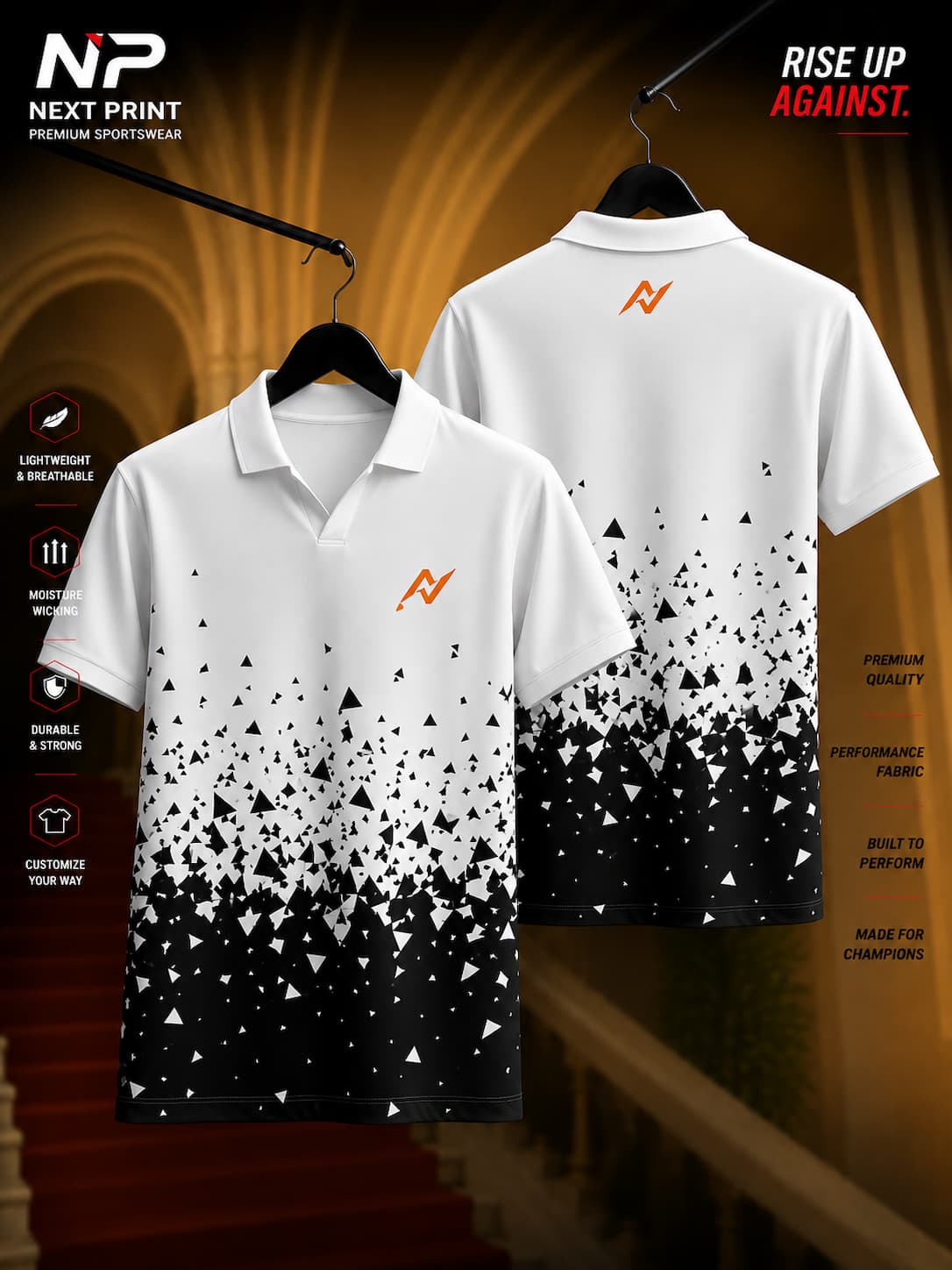 White polo sports jersey with black fragmented geometric pattern, V-neck polo collar, front and back view, premium dry-fit customizable sportswear by Next Print.