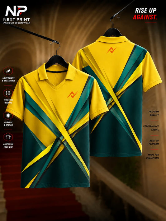 Yellow and teal geometric polo sports jersey with intersecting angular graphics, front and back view, premium custom dry-fit athletic wear.