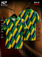 Front and back view of Next Print Elite Geo Fusion Polo Sports Jersey featuring a green, yellow, and navy geometric diamond pattern with a polo V-neck collar.