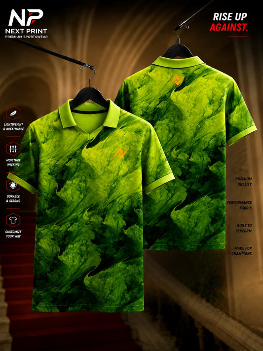 Next Print Elite Green Marble Fusion Polo Sports Jersey front and back view with abstract green marble sublimation design.