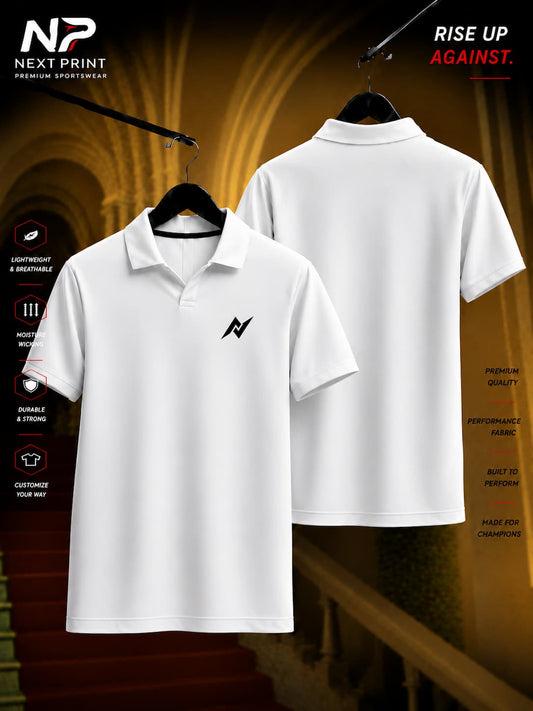 Next Print Elite Pure White Polo V-Neck Dry-Fit Sports Jersey Front and Back View
