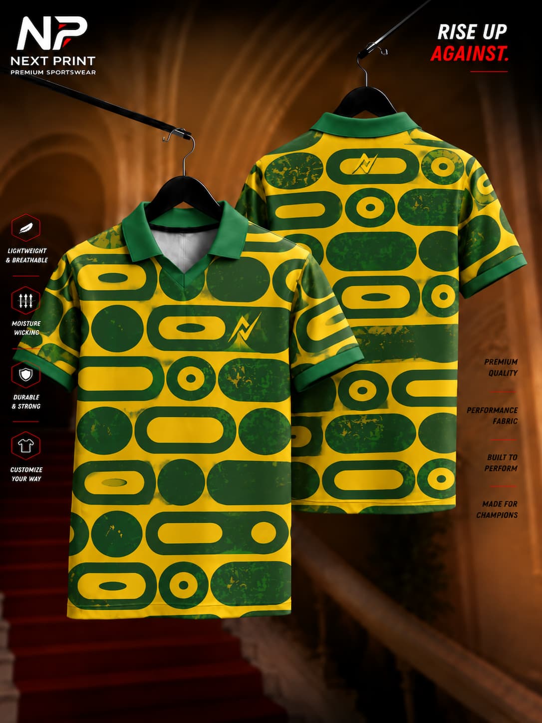Front and back view of the Next Print Elite Retro Orbit Polo Sports Jersey featuring a yellow base with bold green retro geometric circle and capsule graphics and a polo V-neck collar.