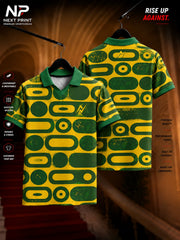 Front and back view of the Next Print Elite Retro Orbit Polo Sports Jersey featuring a yellow base with bold green retro geometric circle and capsule graphics and a polo V-neck collar.